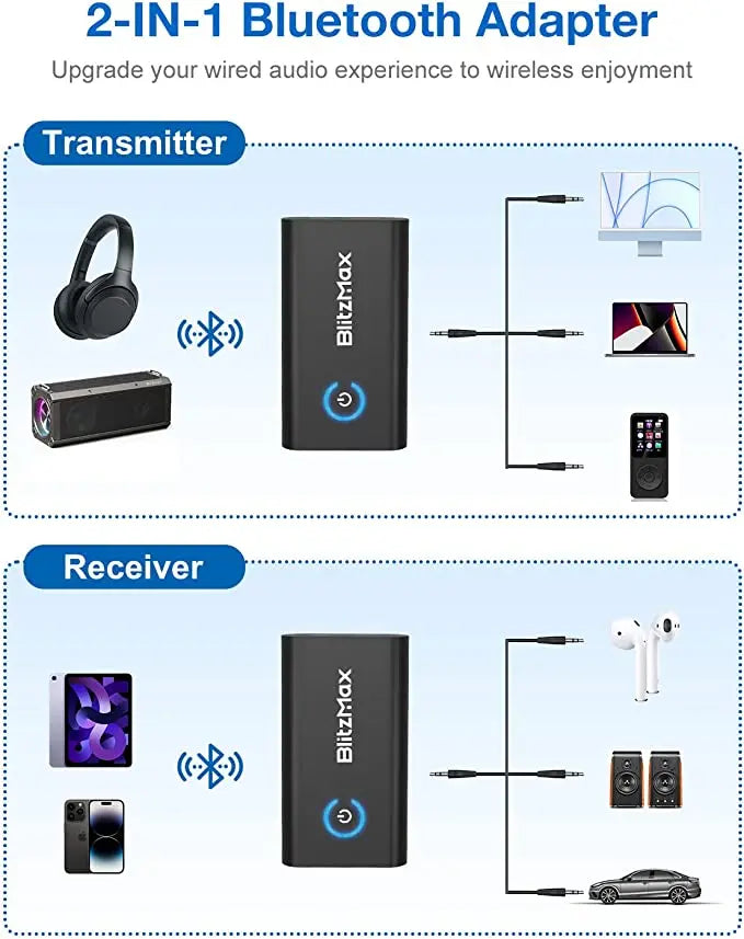 Bluetooth Audio Adapter
3.5mm Bluetooth Transmitter
Wireless Audio Converter
apt-X Bluetooth Adapter
Bluetooth Receiver for Headphones BlitzWolf BT05 Bluetooth Adapter
3.5mm Bluetooth Adapter with apt-X
Portable Bluetooth Audio Transmitter
High-Fidelity Bluetooth Adapter
Compact Bluetooth Receiver Upgrade Audio with BlitzWolf BT05
Wireless Audio Streaming with apt-X
Enjoy High-Fidelity Audio with Bluetooth
Transform Wired to Wireless with BT05
Compact Bluetooth Adapter for Easy Portability Bluetooth Adapter