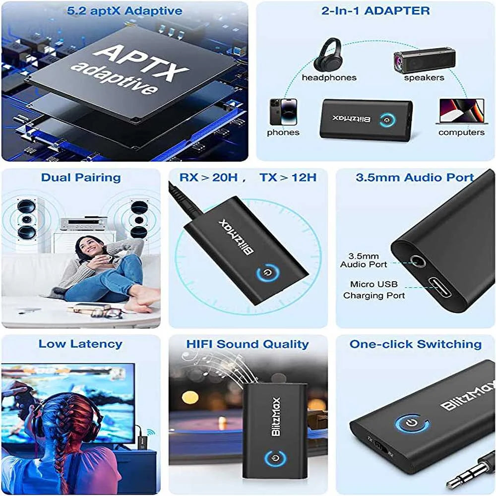 Bluetooth Audio Adapter
3.5mm Bluetooth Transmitter
Wireless Audio Converter
apt-X Bluetooth Adapter
Bluetooth Receiver for Headphones BlitzWolf BT05 Bluetooth Adapter
3.5mm Bluetooth Adapter with apt-X
Portable Bluetooth Audio Transmitter
High-Fidelity Bluetooth Adapter
Compact Bluetooth Receiver Upgrade Audio with BlitzWolf BT05
Wireless Audio Streaming with apt-X
Enjoy High-Fidelity Audio with Bluetooth
Transform Wired to Wireless with BT05
Compact Bluetooth Adapter for Easy Portability Bluetooth Adapter